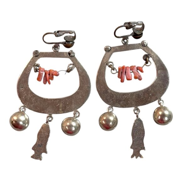 Vtg 925 Sterling Silver Clip-On Earrings Coral Beads Fish Ball Charms Souothwest - Picture 7 of 7